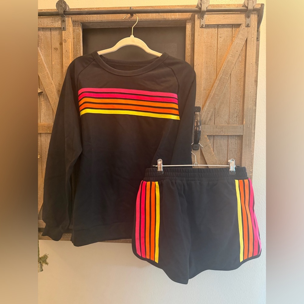 Black Sweatshirt & Shorts Set with Pink, Red and Yellow Stripe Detail